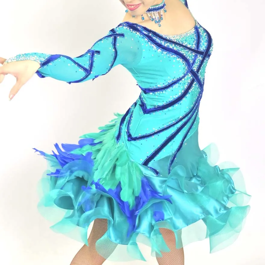 グリーン・ブルー・羽根の社交ダンス衣装・ドレス、ラテン用ドレス
