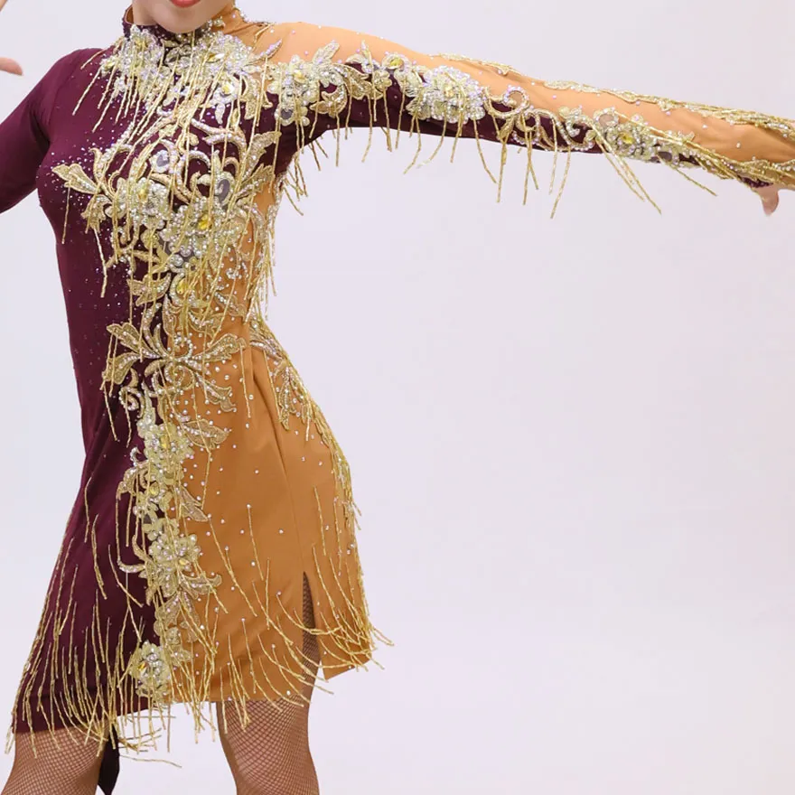 紫・ゴールドの社交ダンス衣装・ドレス、ラテンドレス