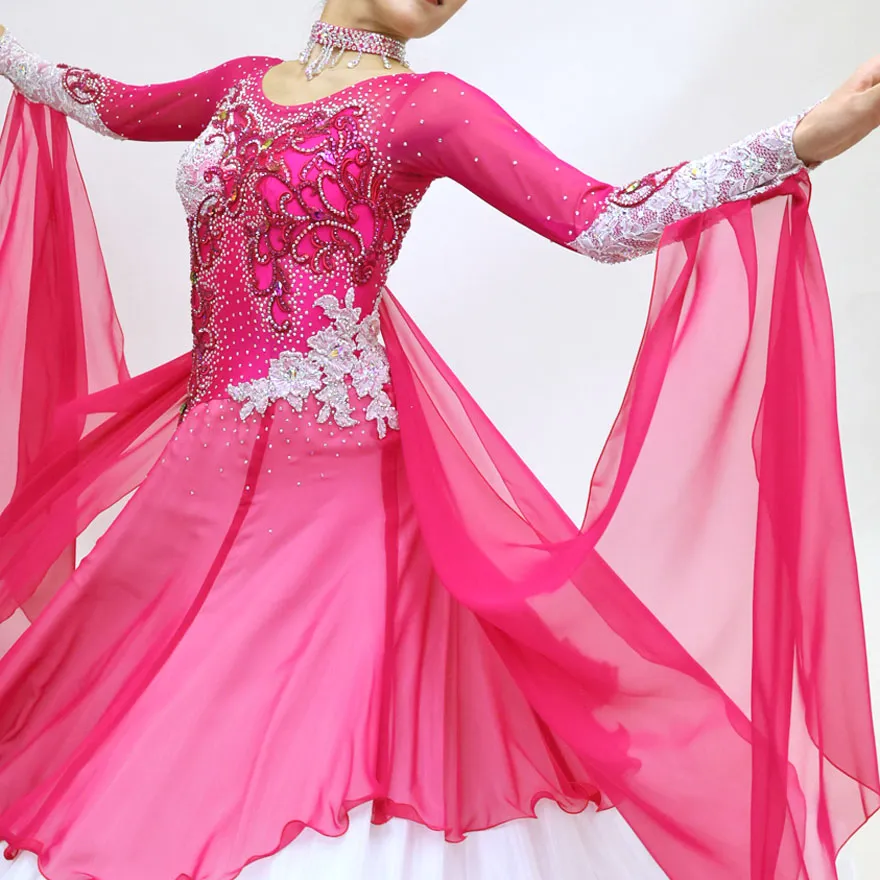 ピンクの社交ダンス衣装、パッションピンクのスタンダードドレス、スタンダード・モダン用ドレス