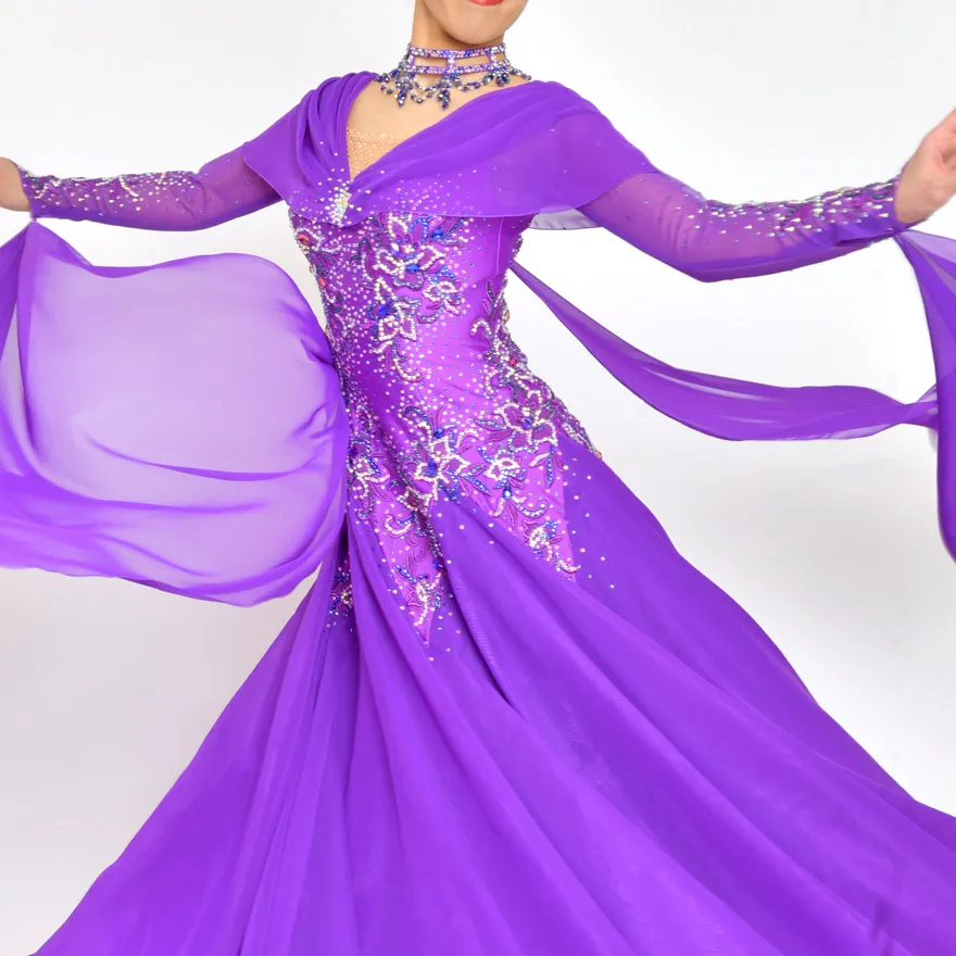紫の社交ダンス衣装、パープルのスタンダードドレス、スタンダード・モダン用ドレス