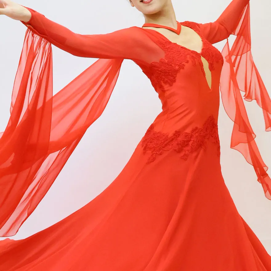 赤の社交ダンス衣装、トライアル用スタンダードドレス、スタンダード・モダン用ドレス
