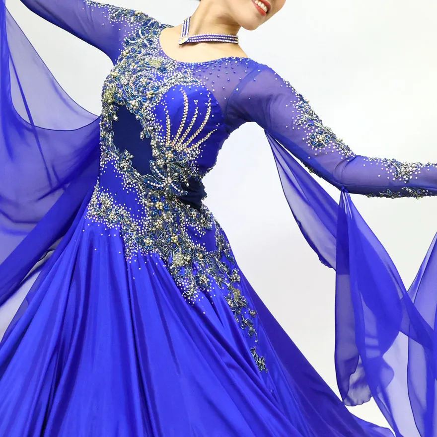 サファイアブルーの社交ダンス衣装、ロイヤルブルーのスタンダードドレス、スタンダード・モダン用ドレス
